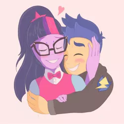 Size: 1000x1000 | Tagged: safe, artist:jemmyzha, derpibooru import, flash sentry, sci-twi, twilight sparkle, equestria girls, blushing, bowtie, clothes, cute, diasentres, duo, eyes closed, female, flashlight, glasses, heart, hoodie, hug, male, sciflash, shipping, smiling, straight, twiabetes