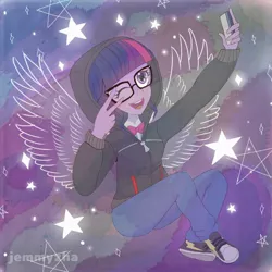 Size: 1000x1000 | Tagged: safe, artist:jemmyzha, derpibooru import, sci-twi, twilight sparkle, twilight sparkle (alicorn), alicorn, equestria girls, equestria girls series, angelic wings, bowtie, clothes, converse, cute, female, glasses, hoodie, implied flash sentry, implied flashlight, implied sciflash, implied shipping, implied straight, one eye closed, open mouth, pants, peace sign, phone, scitwilicorn, selfie, shoes, smiling, sneakers, solo, stars, twiabetes, wings, wink