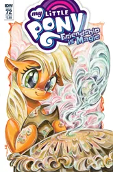 Size: 1054x1600 | Tagged: safe, artist:sararichard, derpibooru import, idw, applejack, earth pony, pony, spoiler:comic, spoiler:comic72, cover, crying, food, pie, solo