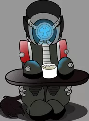 Size: 1024x1389 | Tagged: safe, artist:drops-of-blood, derpibooru import, oc, oc:chaild viktor, ponified, unofficial characters only, pony, crossover, cup, food, geth, legion, male, mass effect, simple background, sitting, solo, tea, teacup