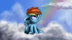 Size: 1024x576 | Tagged: angry, artist:bakud, cloud, cute, derpibooru import, female, filly, filly rainbow dash, grumpy, looking away, looking up, on a cloud, rainbow, rainbow dash, safe, signature, sitting, solo, younger