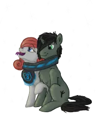 Size: 960x1280 | Tagged: safe, artist:drops-of-blood, derpibooru import, oc, oc:braunly, oc:queen stan, unofficial characters only, bat pony, pony, unicorn, bat pony oc, clothes, couple, ingress, scarf, shared clothing, shared scarf, simple background, sitting, snow, tongue out, transparent background