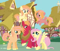 Size: 1015x870 | Tagged: safe, artist:froggers1995, derpibooru import, big macintosh, fluttershy, oc, oc:apple critter, oc:apple orkid, oc:golden stem, earth pony, pegasus, pony, base used, family, female, filly, fluttermac, freckles, male, offspring, parent:big macintosh, parent:fluttershy, parents:fluttermac, shipping, stallion, straight, unshorn fetlocks