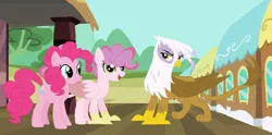 Size: 1024x508 | Tagged: safe, artist:froggers1995, derpibooru import, gilda, pinkie pie, oc, oc:party feather, gryphon, hippogriff, hybrid, family, female, gildapie, interspecies offspring, lesbian, magical lesbian spawn, offspring, parent:gilda, parent:pinkie pie, parents:gildapie, shipping