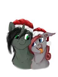 Size: 960x1280 | Tagged: safe, artist:drops-of-blood, derpibooru import, oc, oc:braunly, oc:queen stan, unofficial characters only, bat pony, pony, unicorn, bat pony oc, christmas, couple, hat, holiday, santa hat, simple background, tongue out, transparent background
