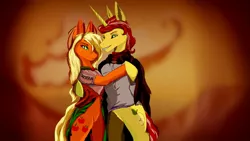 Size: 1632x918 | Tagged: applejack, artist:mirtalimeburst, derpibooru import, female, flim, flimjack, male, safe, shipping, straight