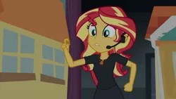 Size: 1280x720 | Tagged: safe, derpibooru import, screencap, sunset shimmer, equestria girls, equestria girls series, opening night, geode of empathy, opening night: twilight sparkle, solo