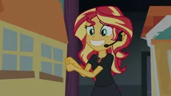 Size: 1280x720 | Tagged: safe, derpibooru import, screencap, sunset shimmer, equestria girls, equestria girls series, opening night, geode of empathy, opening night: twilight sparkle, pantomime, smiling, solo