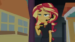 Size: 1280x720 | Tagged: safe, derpibooru import, screencap, sunset shimmer, equestria girls, equestria girls series, opening night, clothes, geode of empathy, opening night: twilight sparkle, pointing, solo, sunset shimmer is not amused, unamused