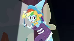 Size: 1280x720 | Tagged: safe, derpibooru import, screencap, rainbow dash, equestria girls, equestria girls series, opening night, clothes, costume, fairy bootmother, fairy wings, female, hat, opening night: twilight sparkle, rainbow dash always dresses in style, smiling, solo, wand