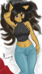 Size: 1080x1920 | Tagged: adorasexy, anthro, anthro oc, armpits, artist:maximus, bed, belly button, big breasts, blushing, breasts, clothes, cute, derpibooru import, eyelashes, floppy ears, hair, halter top, jeans, lying, midriff, oc, oc:comana, pants, sexy, short shirt, sideboob, sketch, sketchy, suggestive, thigh gap