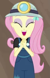 Size: 333x515 | Tagged: safe, derpibooru import, screencap, fluttershy, equestria girls, equestria girls series, opening night, cute, magic, miner, opening night: twilight sparkle, shyabetes, solo