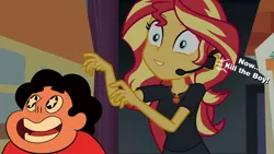 Size: 1024x576 | Tagged: safe, derpibooru import, edit, edited screencap, screencap, sunset shimmer, equestria girls, equestria girls series, opening night, clothes, geode of empathy, opening night: twilight sparkle, pants, parody, steven quartz universe, steven universe