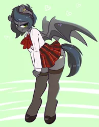 Size: 1280x1651 | Tagged: suggestive, artist:wickedsilly, derpibooru import, oc, oc:notde, unofficial characters only, anthro, bat pony, unguligrade anthro, bat pony oc, clothes, commission, crossdressing, male, mary janes, school uniform, smiling, solo, solo male