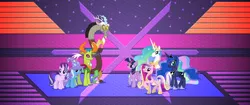 Size: 5120x2160 | Tagged: alicorn tetrarchy, artist:chrzanek97, artist:dashiesparkle, artist:laszlvfx, changedling, changeling, derpibooru import, discord, edit, group, king thorax, princess cadance, princess celestia, princess luna, reformed four, royalty, safe, starlight glimmer, thorax, trixie, twilight sparkle, twilight sparkle (alicorn), wallpaper, wallpaper edit