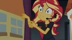 Size: 1280x720 | Tagged: safe, derpibooru import, edit, edited screencap, screencap, sunset shimmer, equestria girls, equestria girls series, opening night, clothes, inverted mouth, opening night: twilight sparkle, pants