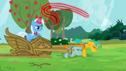 Size: 1440x815 | Tagged: safe, derpibooru import, screencap, snails, snips, trixie, pony, unicorn, magic duel, alicorn amulet, amulet, apple tree, bucktooth, bullwhip, chariot, child abuse, colt, don't trust wheels, eyes closed, female, foal, glowing horn, harness, jewelry, magic, magic abuse, magic aura, male, mare, pulling, slavery, straining, tack, telekinesis, tree, trixie's fans, trixie's slaves, whip, whipping