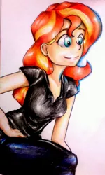Size: 2377x3950 | Tagged: safe, artist:nolyanimeid, derpibooru import, sunset shimmer, equestria girls, equestria girls series, opening night, clothes, director, female, pants, simple background, smiling, solo, traditional art, white background