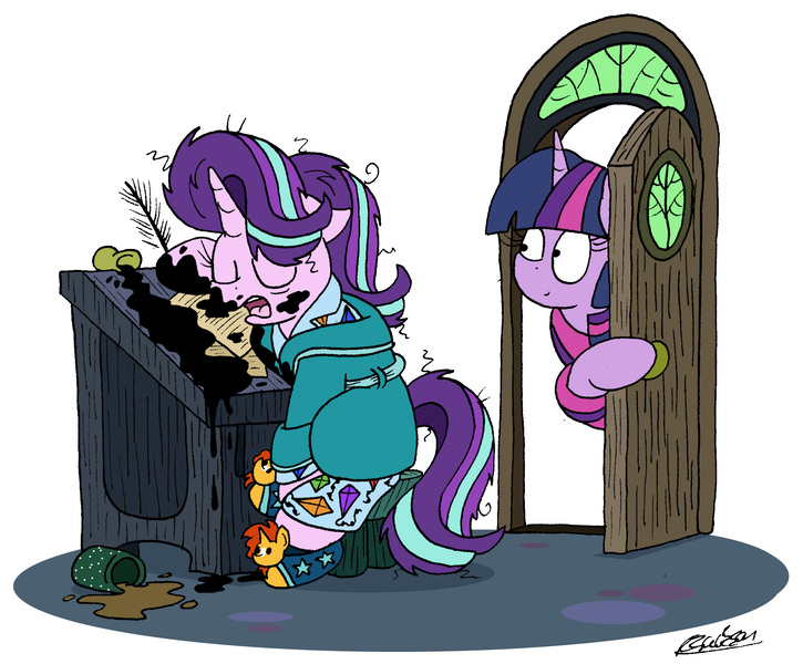 Size: 2180x1803 | Tagged: safe, artist:bobthedalek, derpibooru import, starlight glimmer, sunburst, twilight sparkle, pony, unicorn, bathrobe, clothes, desk, door, empathy cocoa, implied starburst, ink, messy, messy mane, mug, pajamas, quill, robe, sleeping, slippers, starlight's room, that pony sure does love kites, themed slippers, tired