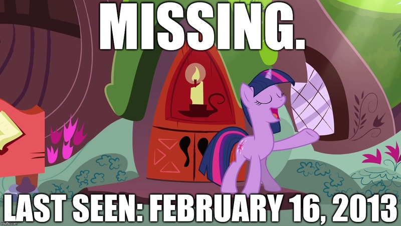 Size: 1280x720 | Tagged: safe, derpibooru import, edit, edited screencap, editor:useraccount, screencap, twilight sparkle, pony, unicorn, magical mystery cure, alicorn drama, drama, drama bait, drama necromancy, golden oaks library, image macro, meme, missing, silly, the duck goes kwark, unicorn twilight