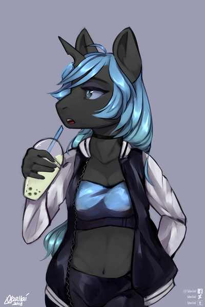 Size: 1000x1500 | Tagged: anthro, anthro oc, artist:varllai, belly button, blue changeling, bra, breasts, bubble tea, changeling, changeling oc, clothes, commission, delicious flat chest, derpibooru import, digital art, female, mare, midriff, oc, shirt, signature, simple background, solo, solo female, suggestive, underwear, unofficial characters only, watermark, ych result