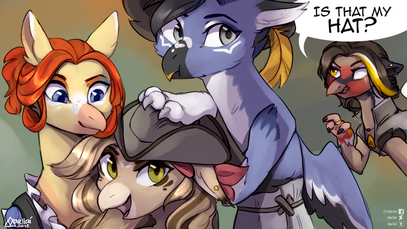 Size: 1920x1080 | Tagged: angry, artist:varllai, clothes, derpibooru import, digital art, female, hat, hippogriff, lightly watermarked, oc, oc:aurelia, oc:merigold, oc:nerissa, oc:scarlett rose, open mouth, quartet, safe, signature, tri-corner hat, unofficial characters only, watermark