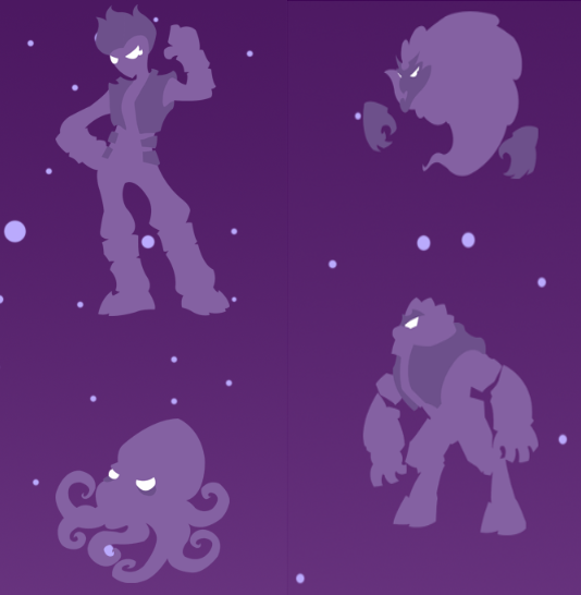 Size: 534x546 | Tagged: safe, artist:toon-n-crossover, derpibooru import, crunch (character), erebus, lavan, squirk, archive, g1, g1 to g4, generation leap, purple background, silhouette, simple background, stars, the fiends from dream valley