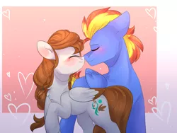 Size: 4000x3000 | Tagged: safe, artist:lizzingloh, derpibooru import, oc, oc:scarlett drop, oc:wing hurricane, unofficial characters only, pegasus, pony, abstract background, blushing, boop, brown hair, cute, eyes closed, female, folded wings, gradient background, male, mare, multicolored hair, noseboop, oc x oc, ocbetes, one hoof raised, orange hair, pigtails, scarricane, shipping, smiling, stallion, straight, wings, yellow hair