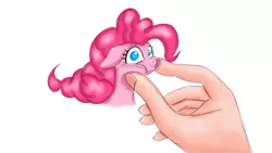 Size: 1024x576 | Tagged: safe, artist:rurihal, derpibooru import, pinkie pie, earth pony, human, pony, cute, diapinkes, female, floppy ears, hand, looking at you, mare, micro, ponk, simple background, smiling, smol, solo focus, squish, squishy cheeks, tiny, tiny ponies, white background, wide eyes