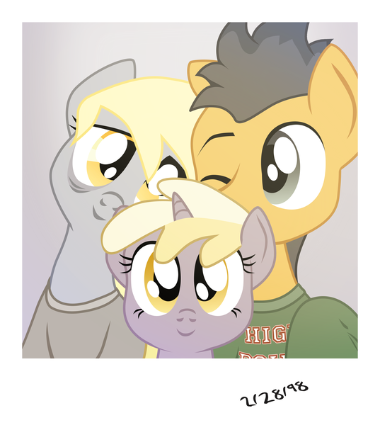 Size: 3170x3539 | Tagged: artist:aaronmk, atg 2018, clothes, derpibooru import, derpsentry, derpy hooves, dinky hooves, female, flash sentry, male, newbie artist training grounds, polaroid, safe, shipping, straight, sweater, tired, vector