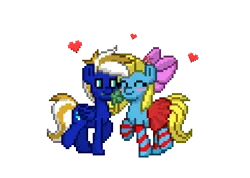 Size: 1200x852 | Tagged: safe, derpibooru import, oc, oc:cuteamena, oc:electric blue, oc:tiny jasmini, unofficial characters only, earth pony, pegasus, pony, pony town, blushing, clothes, cute, electricute, food, happy birthday, heart, love, micro, pixel art, pudding, ribbon, simple background, socks, striped socks, transparent background