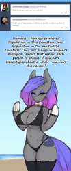 Size: 666x1600 | Tagged: suggestive, artist:darkestmbongo, derpibooru import, oc, oc:d.d, unofficial characters only, anthro, earth pony, ask ddthemaid, anthro oc, arm hooves, ask, beach, big breasts, bikini, breasts, clothes, female, looking at you, mare, solo, solo female, swimsuit, tumblr