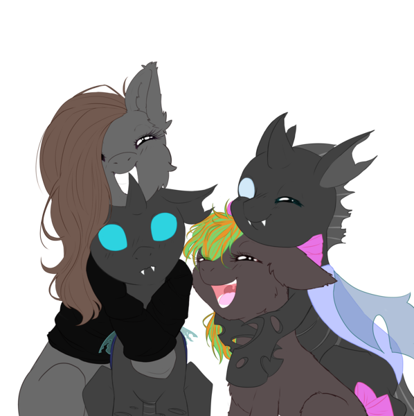 Size: 4500x4512 | Tagged: safe, artist:0silverstardust0, derpibooru import, oc, unofficial characters only, changeling, earth pony, pony, absurd resolution, commission, cute, cuteling, female, flat colors, group, hug, hug from behind, male, polyamory, simple background, transparent background, wip