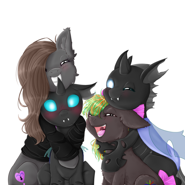 Size: 4500x4512 | Tagged: safe, artist:0silverstardust0, derpibooru import, oc, oc:tectus ignis, oc:waveform, unofficial characters only, changeling, earth pony, pony, absurd resolution, commission, cute, female, group, hug, hug from behind, male, polyamory, simple background, transparent background