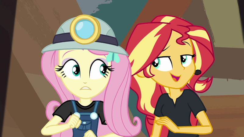 Size: 1280x720 | Tagged: safe, derpibooru import, screencap, fluttershy, sunset shimmer, equestria girls, equestria girls series, opening night, headlamp, helmet, miner, mining helmet, opening night: sunset shimmer