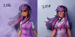 Size: 6400x3200 | Tagged: artist:mylittleyuri, atg 2018, clothes, comparison, cute, derpibooru import, digital art, draw this again, high res, horned humanization, human, humanized, newbie artist training grounds, redraw, safe, solo, sweater, twilight sparkle