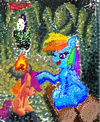 Size: 937x1140 | Tagged: safe, artist:failure, derpibooru import, rainbow dash, scootaloo, pegasus, pony, campfire, cave, colored, drawthread, duo, female, filly, head pat, mare, mosaic, noogie, pat, requested art, scootalove, signature, stipple