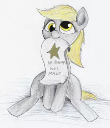 Size: 685x791 | Tagged: an attempt was made, artist:t72b, cute, derpabetes, derpibooru import, derpy hooves, gold star, mouth hold, newbie artist training grounds, safe, scroll, sitting, solo, traditional art