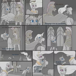 Size: 1500x1500 | Tagged: safe, artist:arareroll, derpibooru import, princess celestia, oc, alicorn, earth pony, pegasus, pony, unicorn, comic:returning to her majesty, armor, chair, clothes, comic, crown, dialogue, door, female, glasses, guard, hair bun, horseshoes, jewelry, male, mare, necklace, peytral, regalia, royal guard, shirt, spread wings, stallion
