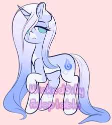 Size: 3946x4423 | Tagged: safe, artist:wickedsilly, derpibooru import, oc, unofficial characters only, elemental pony, pony, unicorn, absurd resolution, adoptable, advertisement, auction, female, hair over one eye, looking at you, mare, obtrusive watermark, pink background, simple background, solo, water, watermark