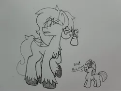 Size: 2576x1932 | Tagged: artist:drheartdoodles, bad, bottle, derpibooru import, female, filly, oc, oc:dr.heart, safe, size difference, small, spray, traditional art, twilight sparkle