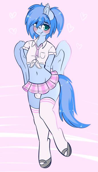 Size: 1096x1920 | Tagged: anthro, artist:wickedsilly, blushing, clothes, crossdressing, crotch bulge, cute, derpibooru import, femboy, male, mary janes, miniskirt, moe, oc, oc:icy gale, panties, pleated skirt, ponytail, questionable, school uniform, shoes, skirt, skirt lift, socks, solo, solo male, thigh highs, thighs, underwear, unguligrade anthro, unofficial characters only