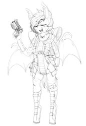 Size: 2020x2935 | Tagged: safe, artist:replica, derpibooru import, oc, oc:nolegs, unofficial characters only, anthro, bat pony, anthro oc, armor, backpack, bat pony oc, fallout, female, grayscale, gun, handgun, knife, monochrome, pistol, sketch, smug, solo, wattz 1000, weapon