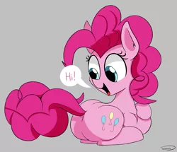 Size: 2743x2363 | Tagged: safe, artist:taurson, derpibooru import, pinkie pie, earth pony, pony, atg 2018, back fluff, balloonbutt, butt, cute, dialogue, diapinkes, dock, ear fluff, female, gray background, hi, leg fluff, looking back, mare, newbie artist training grounds, open mouth, pinkie being pinkie, plot, prone, shoulder fluff, silly, silly pony, simple background, smiling, solo, speech bubble, talking to butt