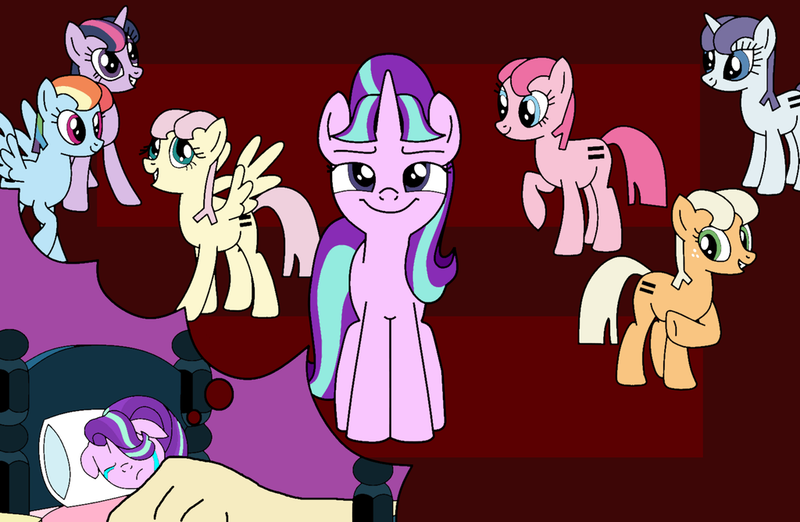 Size: 1024x668 | Tagged: applejack, artist:didgereethebrony, bad dream, crying, derpibooru import, equal cutie mark, equalist, equality, equalized, fluttershy, haunting nightmare, nightmare, pinkie pie, rainbow dash, rarity, sad, safe, sleeping, stalin glimmer, starlight glimmer, twilight sparkle