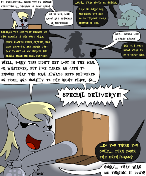 Size: 1000x1200 | Tagged: safe, artist:bjdazzle, derpibooru import, derpy hooves, oc, oc:permafrost, pegasus, pony, windigo, comic:accidental transit guardians, atg 2018, box, chibi, comic, delivery, female, good end, happy, holding, implied sphinx, mailmare, mare, mission accomplished, newbie artist training grounds, outstretched arms, package, silhouette, success, victory