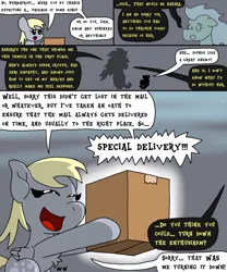 Size: 1000x1200 | Tagged: safe, artist:bjdazzle, derpibooru import, derpy hooves, oc, oc:permafrost, pegasus, pony, windigo, comic:accidental transit guardians, atg 2018, box, chibi, comic, delivery, female, good end, happy, holding, implied sphinx, mailmare, mare, mission accomplished, newbie artist training grounds, outstretched arms, package, silhouette, success, victory
