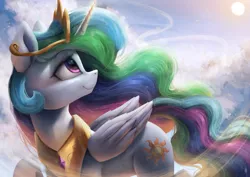 Size: 3600x2550 | Tagged: safe, artist:vanillaghosties, derpibooru import, princess celestia, alicorn, pony, atg 2018, beautiful, digital art, female, high res, looking up, majestic, mare, newbie artist training grounds, pretty, redraw, regal, smiling, solo, sun