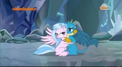 Size: 1047x576 | Tagged: safe, derpibooru import, screencap, gallus, silverstream, classical hippogriff, gryphon, hippogriff, what lies beneath, cave, cute, diastreamies, duo, female, gallabetes, hug, lidded eyes, male, nickelodeon, nightmare cave, shipping fuel