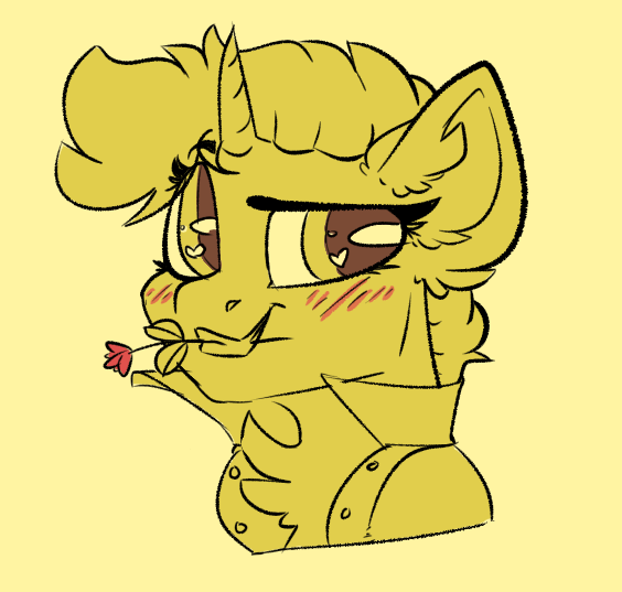 Size: 564x537 | Tagged: safe, artist:spoopygander, derpibooru import, oc, oc:gold star, unofficial characters only, pony, unicorn, blushing, chest fluff, clothes, ear fluff, earsmiling, female, flower, flower in mouth, heart eyes, jacket, looking at you, mare, monochrome, mouth hold, raised eyebrow, simple background, solo, wingding eyes